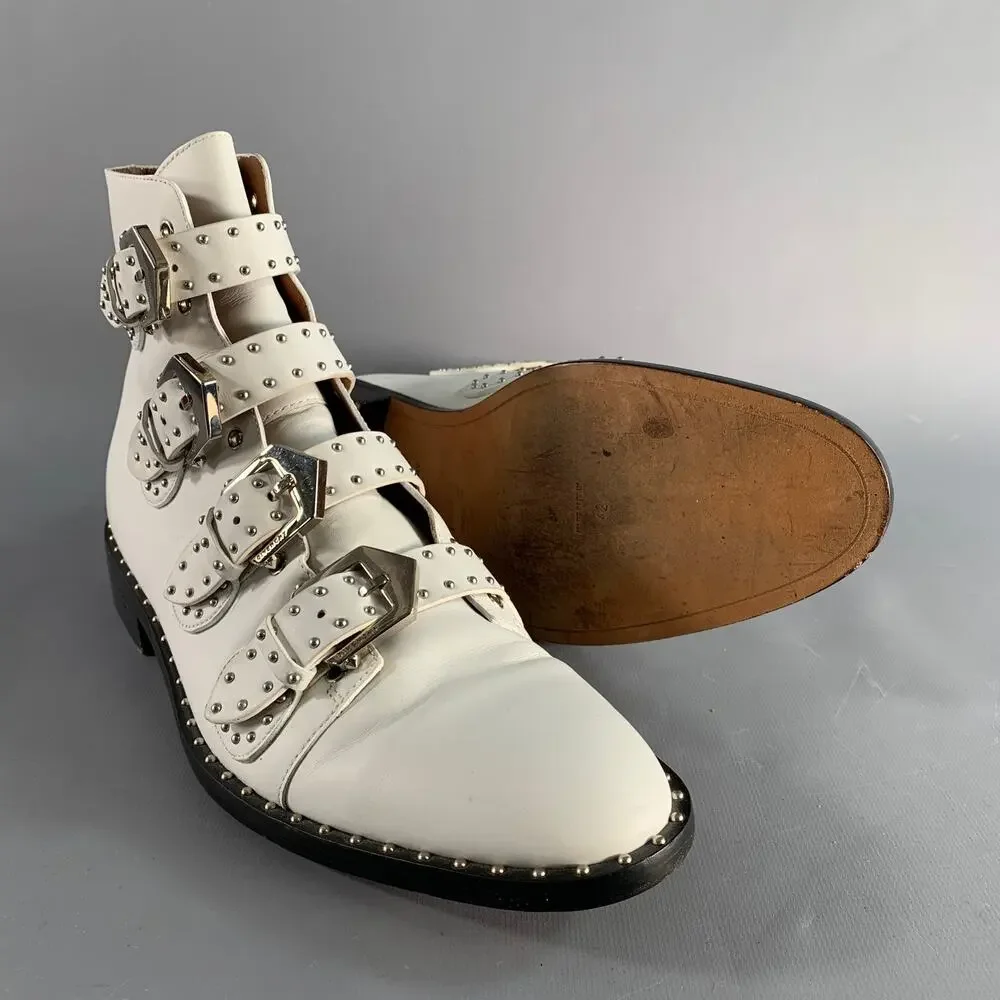 GIVENCHY Size 8 White Studded Leather Belted Boots